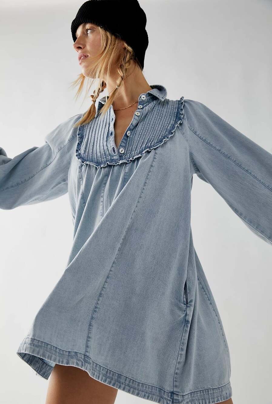 Free People Denim Dress Size S Blue Ruffled Collar Mini Dress